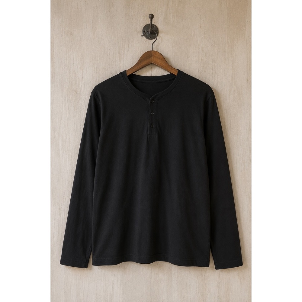 Bella + Canvas Henley Long Sleeve Cotton Button Top Black Large